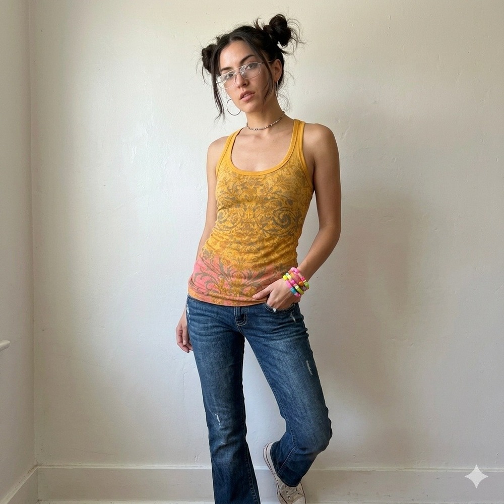 Vintage Y2K Wet Seal Tank Top Womens Medium Yellow Pink Boho Floral Racerback